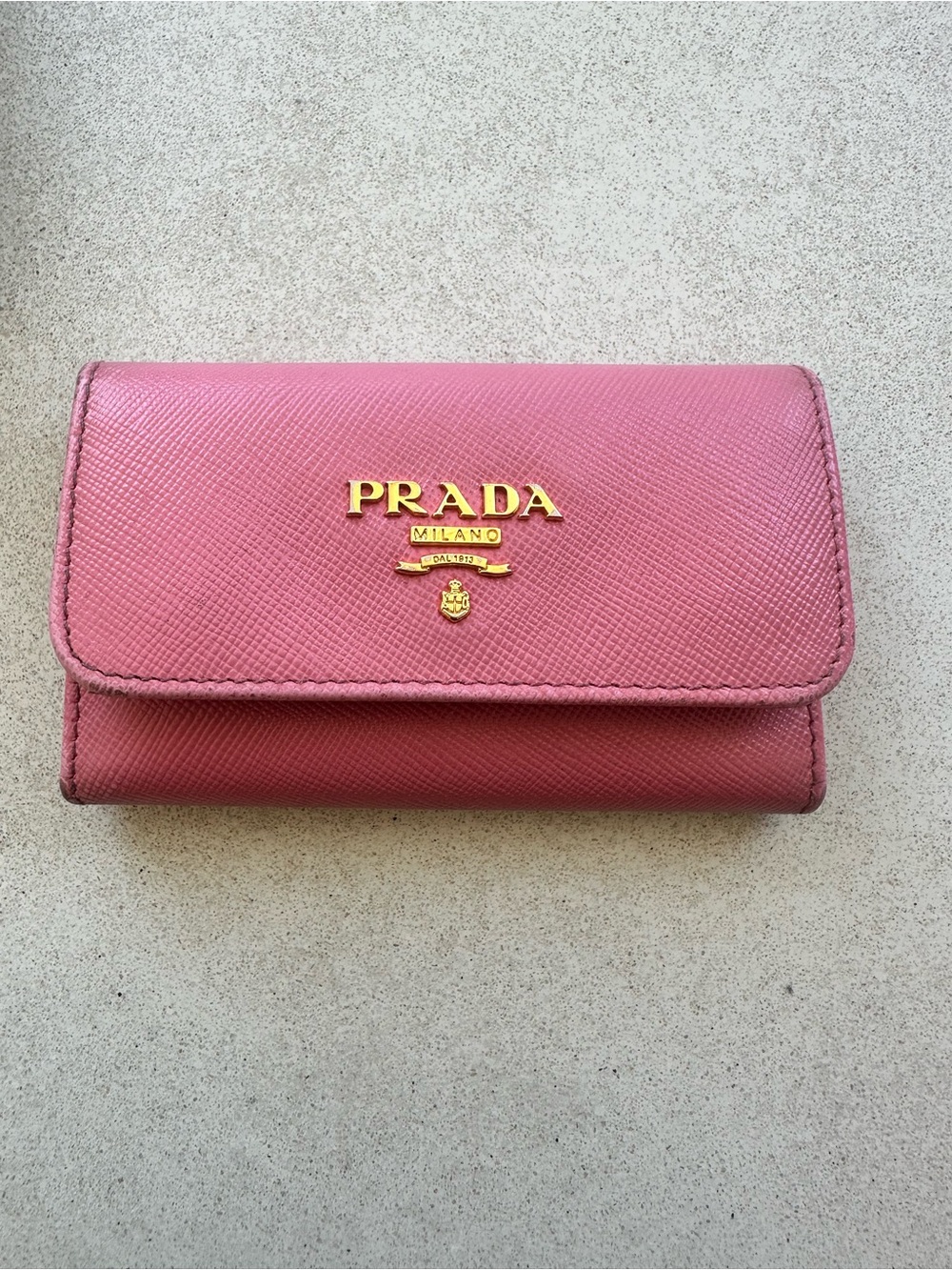 Prada Pink Saffiano Leather Compact Wallet keychain- Prada Milano